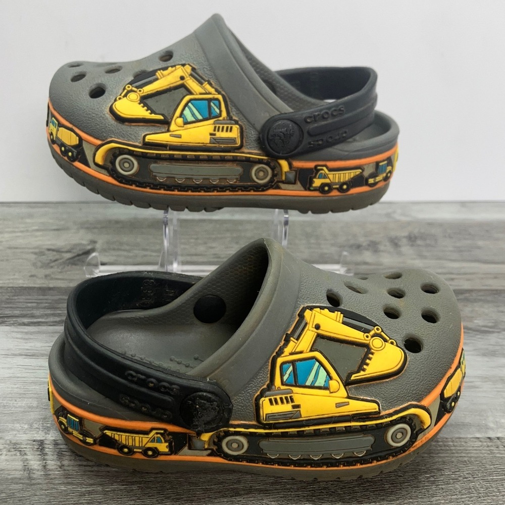 CROCS Kids Gray Clogs with Yellow Excavator and Orange Accents
